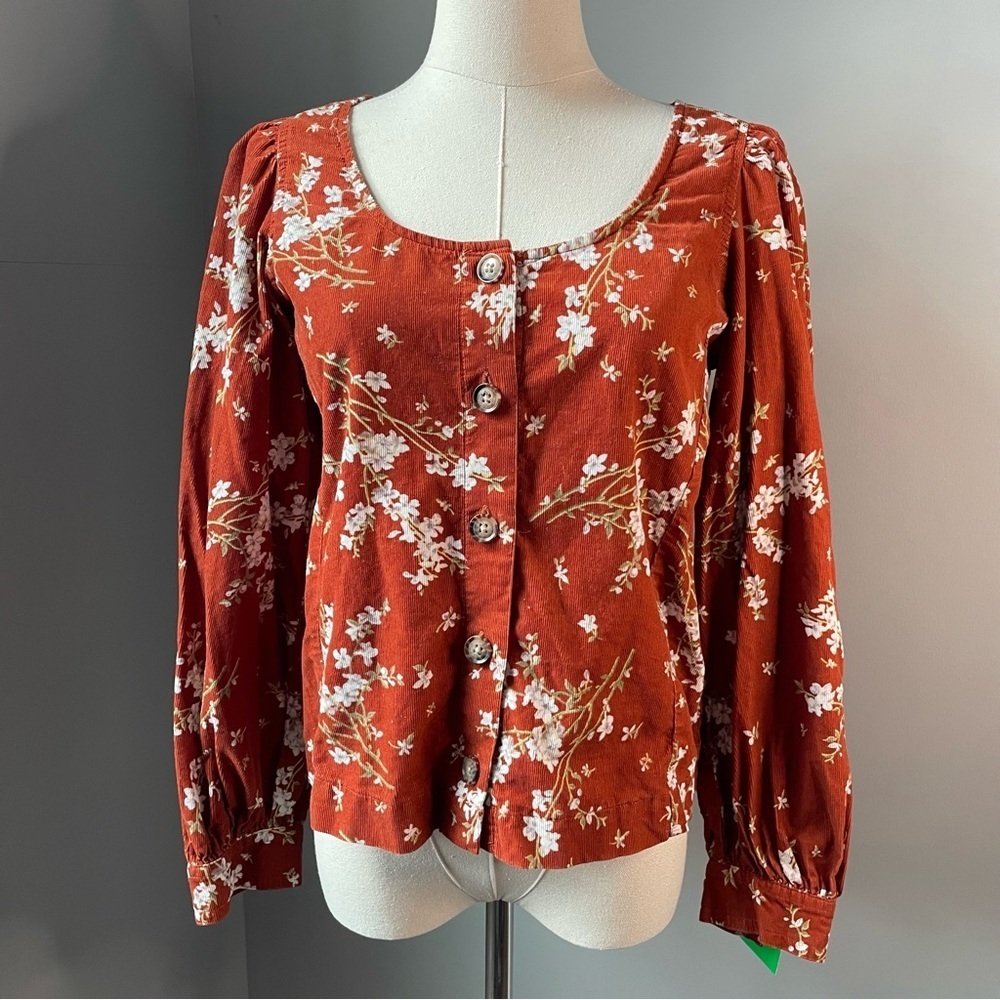 Madewell Corduroy Shirred-Sleeve Button-Front Top in Farmstand Bouquet (S)